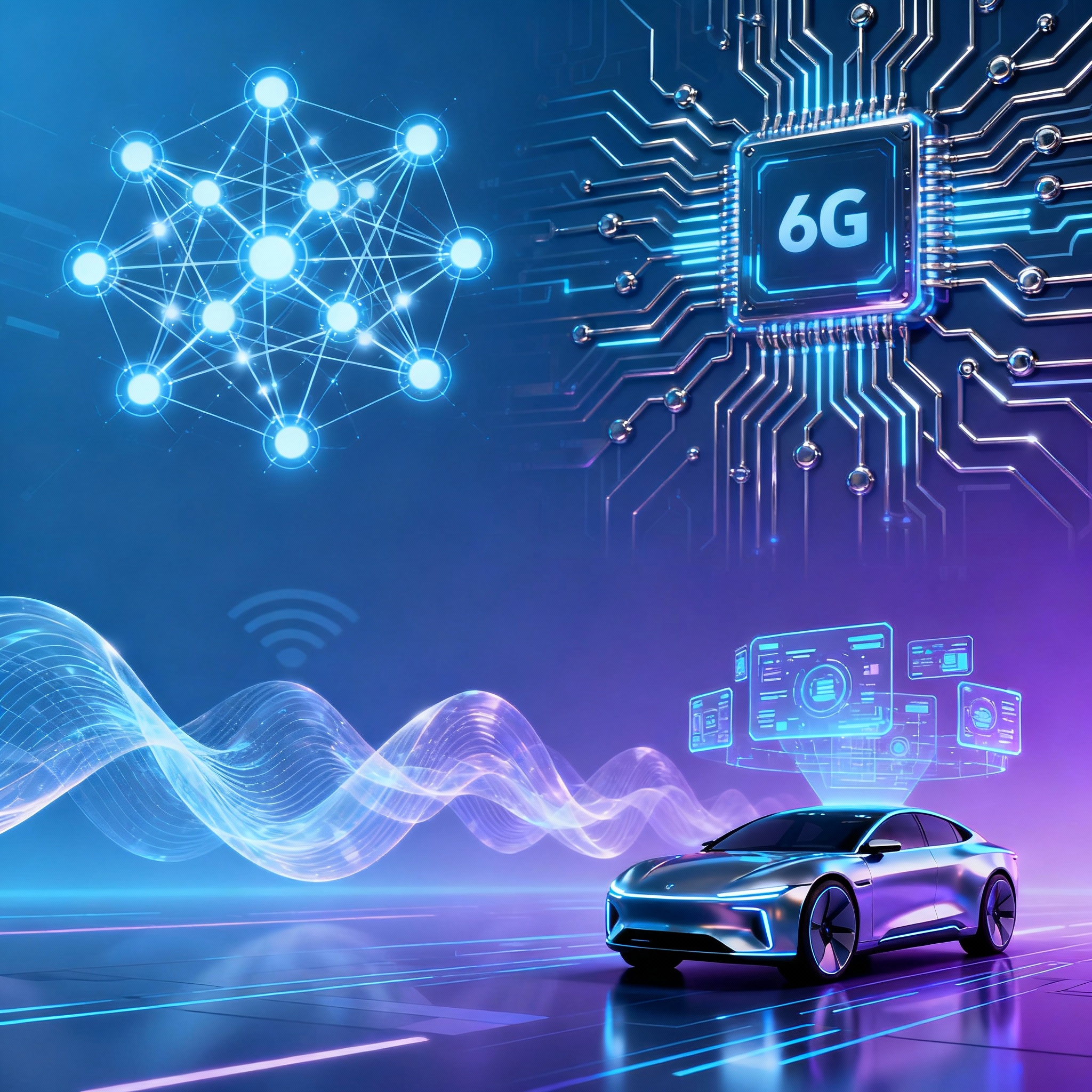 AI technology trends 2025 illustration featuring neural networks, quantum computing, 6G connectivity, and autonomous vehicles in futuristic digital design